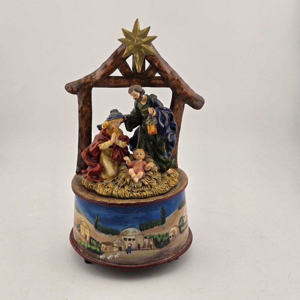 Resin Nativity Music Box Holy Family Figurine Stable 7" Christmas Decor Works